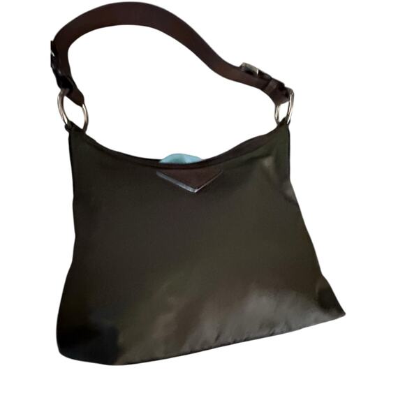 Prada Women khaki Green Brown Leather Trim silver Nylon Hobo Shoulder Bag purse - Picture 7 of 16